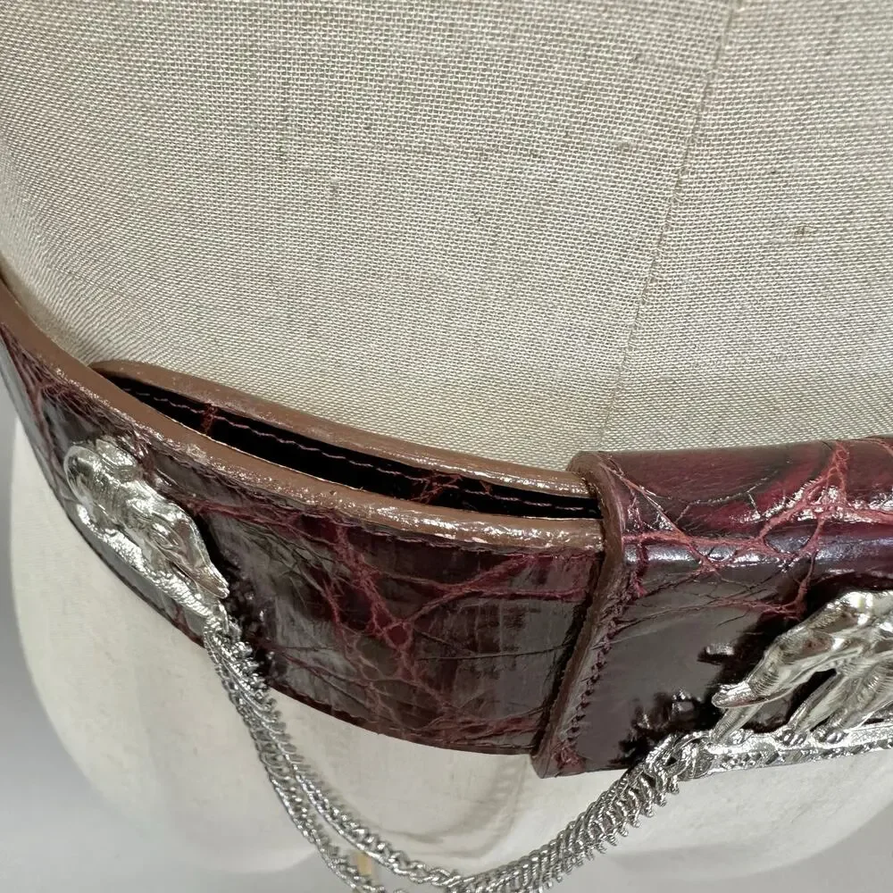 Catherine‎ Carson burgundy leather strap belt silver elephant & drop chain small